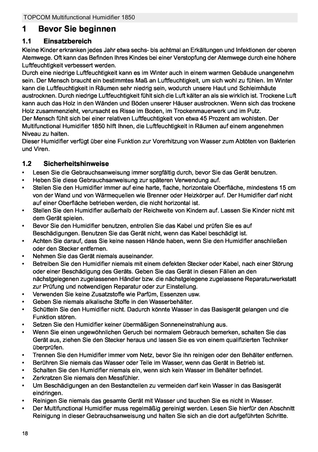 Topcom 1850 manual do utilizador Bevor Sie beginnen, Einsatzbereich, Sicherheitshinweise 