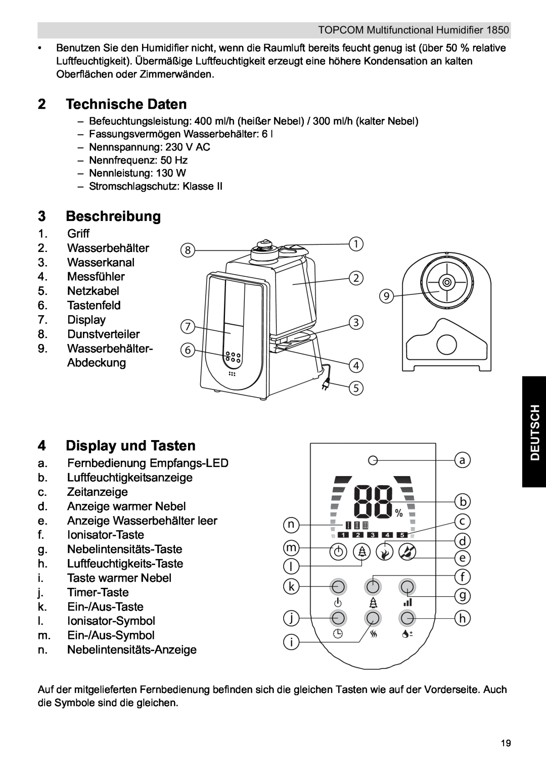 Topcom 1850 manual do utilizador Technische Daten, Beschreibung, Display und Tasten, Deutsch 