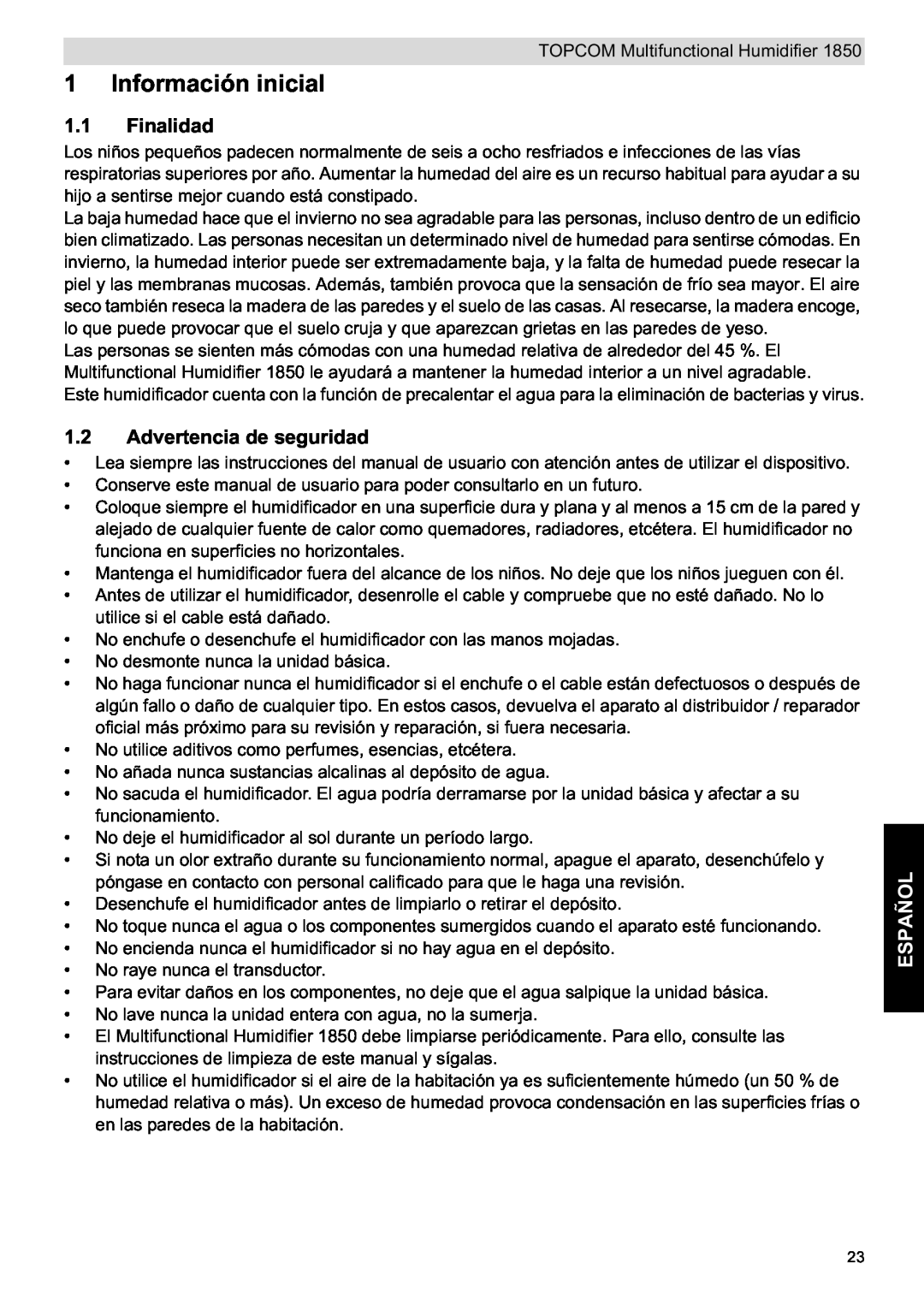 Topcom 1850 manual do utilizador Información inicial, Finalidad, Advertencia de seguridad, Español 