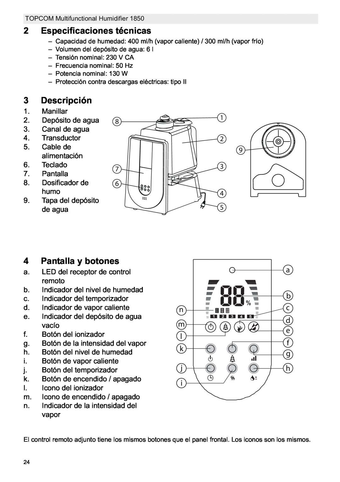 Topcom 1850 manual do utilizador Especificaciones técnicas, Descripción, Pantalla y botones 