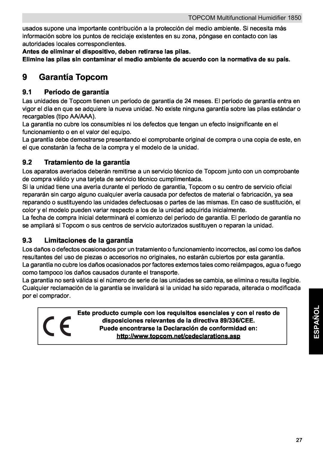 Topcom 1850 Garantía Topcom, 9.1 Período de garantía, Tratamiento de la garantía, Limitaciones de la garantía, Español 