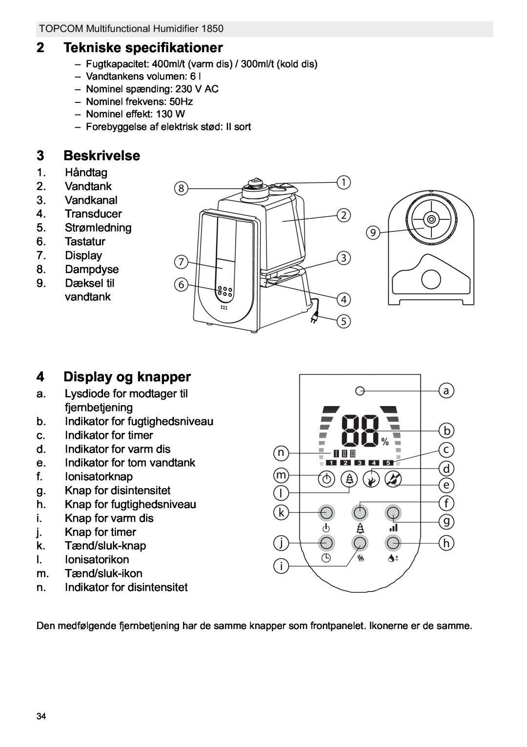 Topcom 1850 manual do utilizador Tekniske specifikationer, Beskrivelse, Display og knapper 