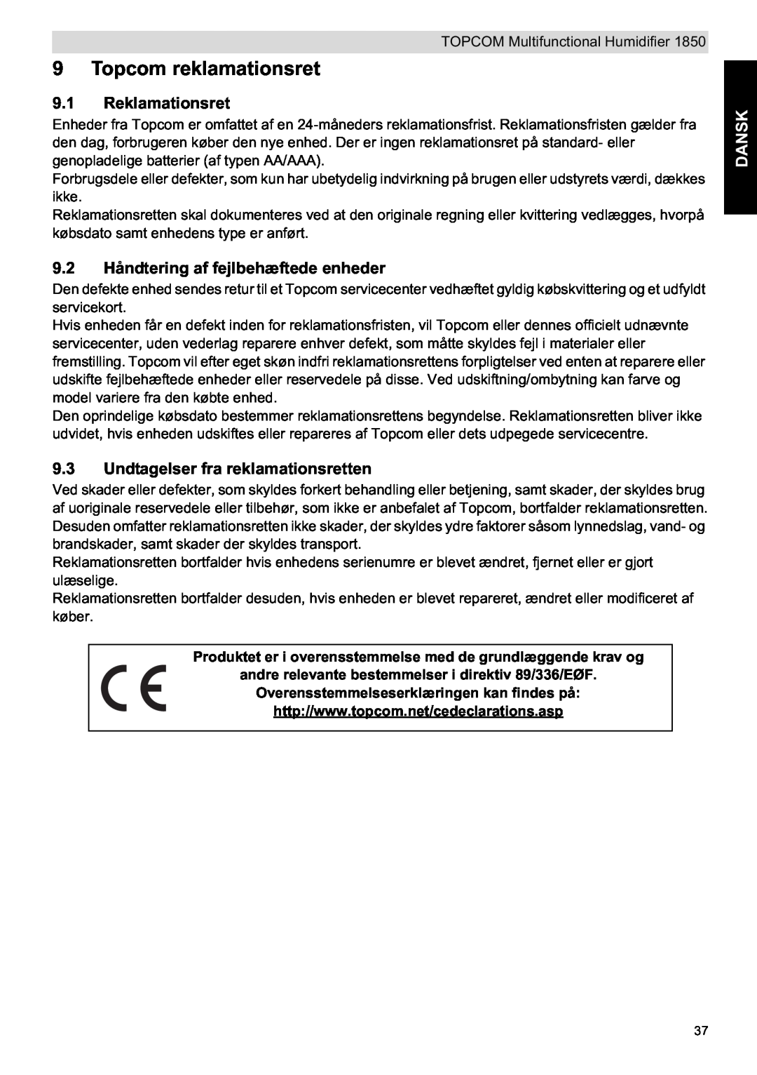 Topcom 1850 manual do utilizador Topcom reklamationsret, Reklamationsret, 9.2 Håndtering af fejlbehæftede enheder, Dansk 