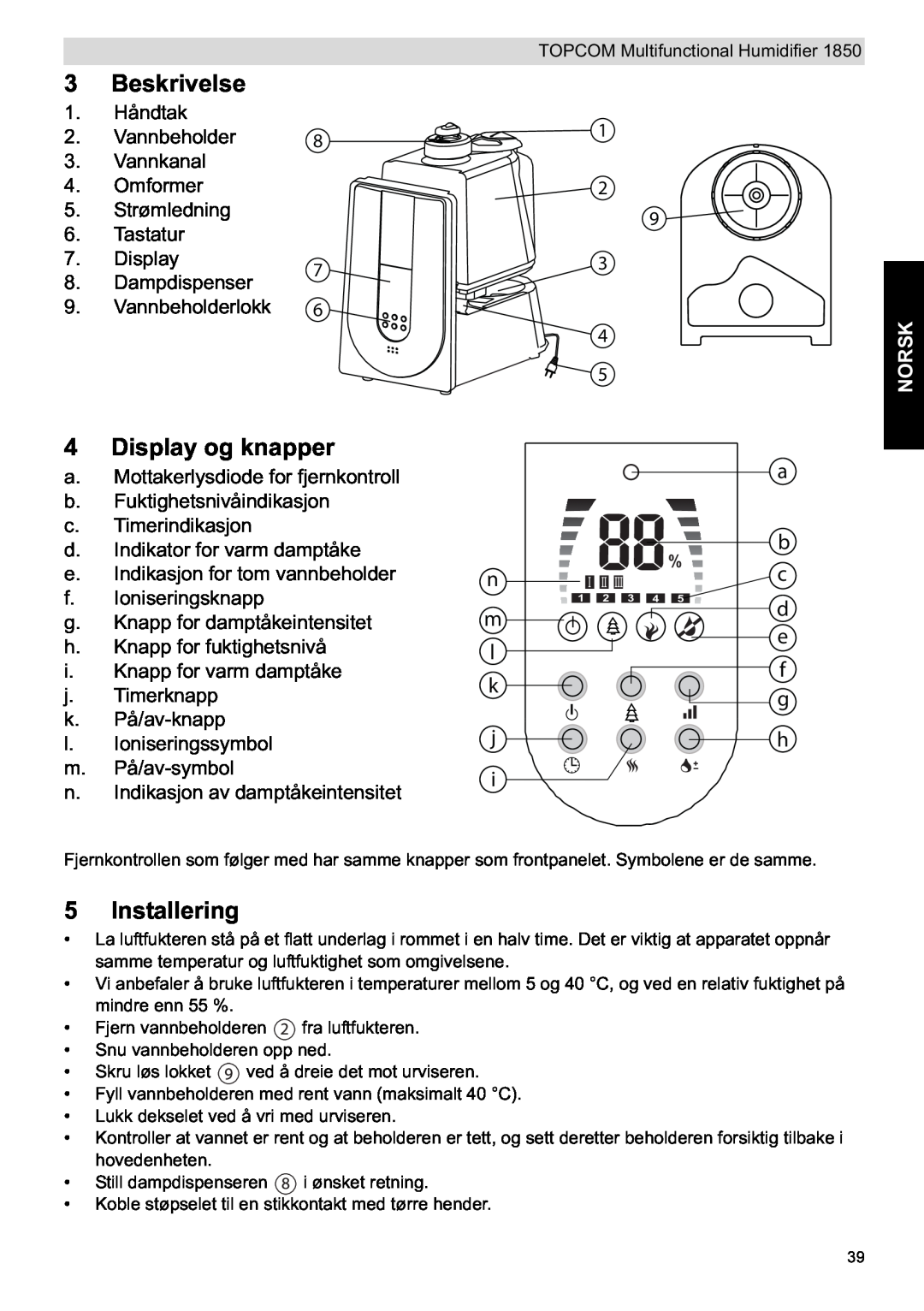 Topcom 1850 manual do utilizador Installering, Norsk, Beskrivelse, Display og knapper 