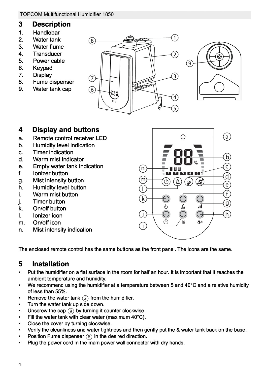 Topcom 1850 manual do utilizador Description, Display and buttons, Installation 