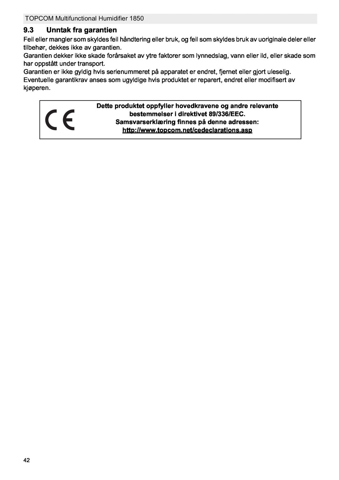 Topcom 1850 manual do utilizador Unntak fra garantien, Dette produktet oppfyller hovedkravene og andre relevante 