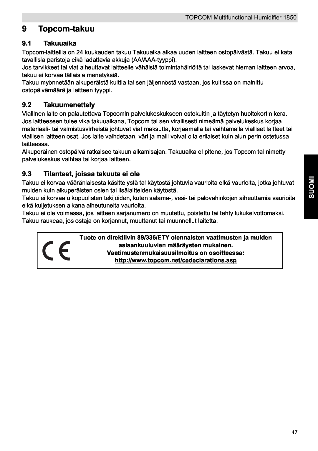 Topcom 1850 manual do utilizador Topcom-takuu, Takuuaika, Takuumenettely, Tilanteet, joissa takuuta ei ole, Suomi 
