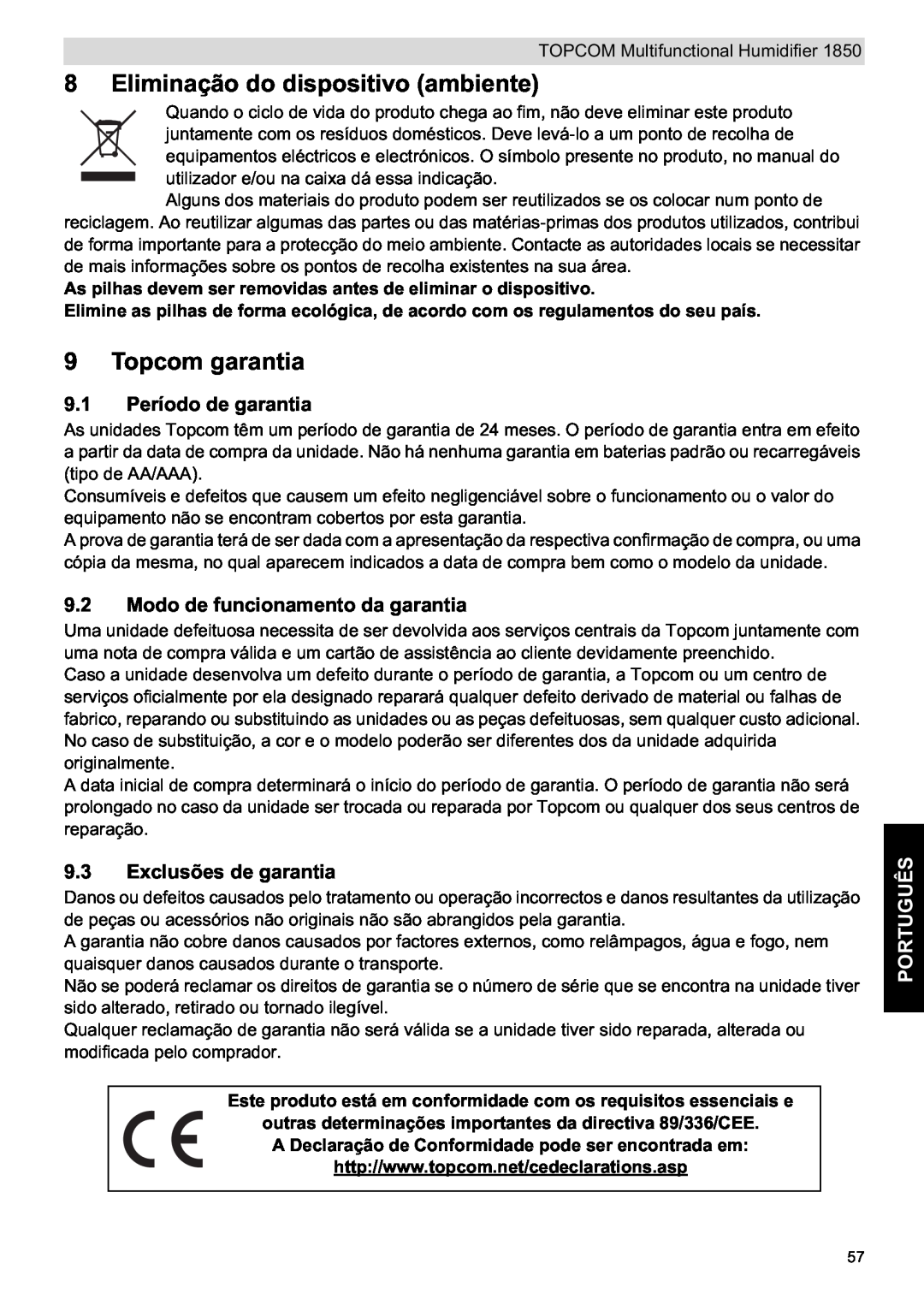 Topcom 1850 Eliminação do dispositivo ambiente, Topcom garantia, 9.1 Período de garantia, Exclusões de garantia, Português 