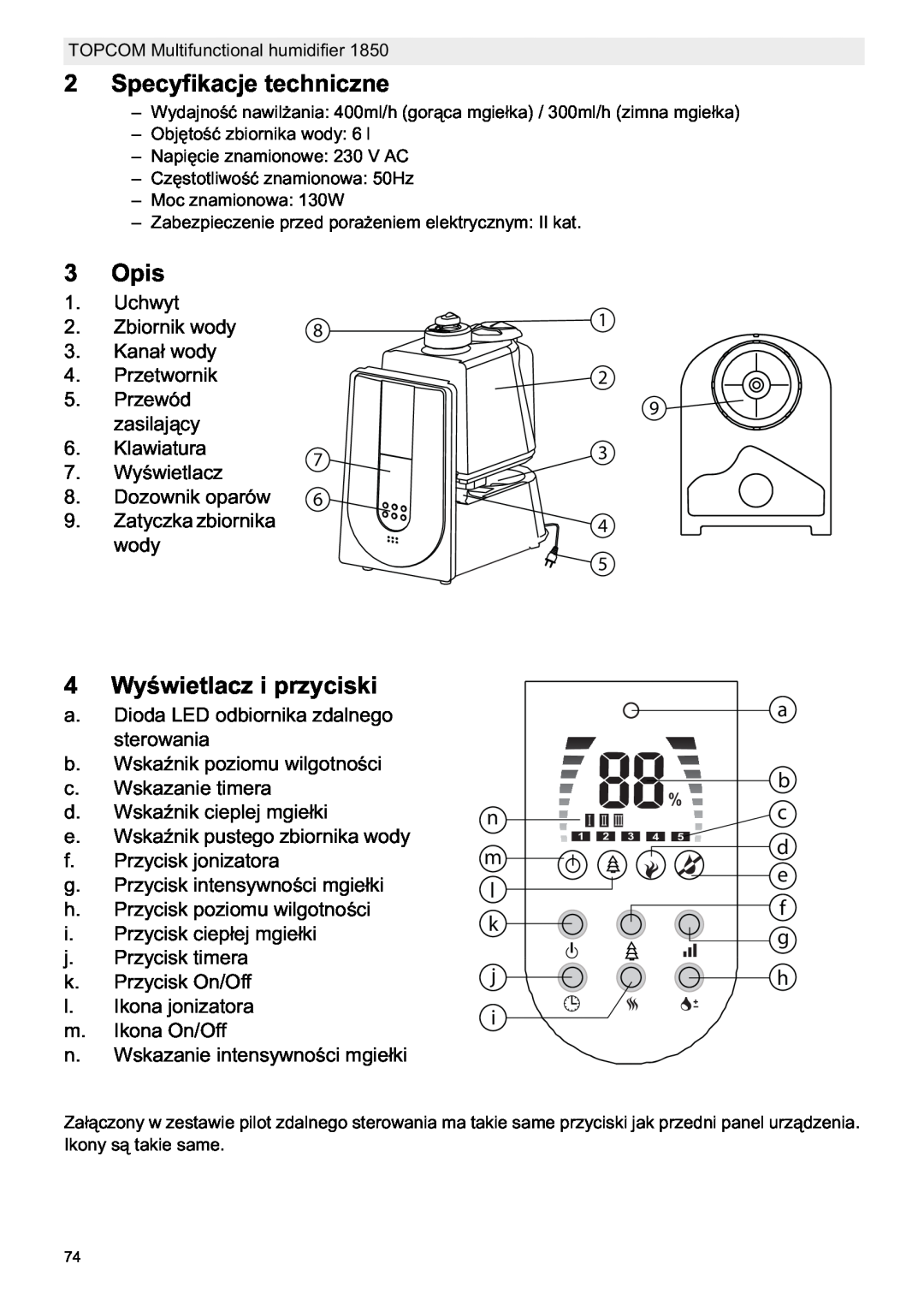 Topcom 1850 manual do utilizador Specyfikacje techniczne, Opis, 4 Wy 