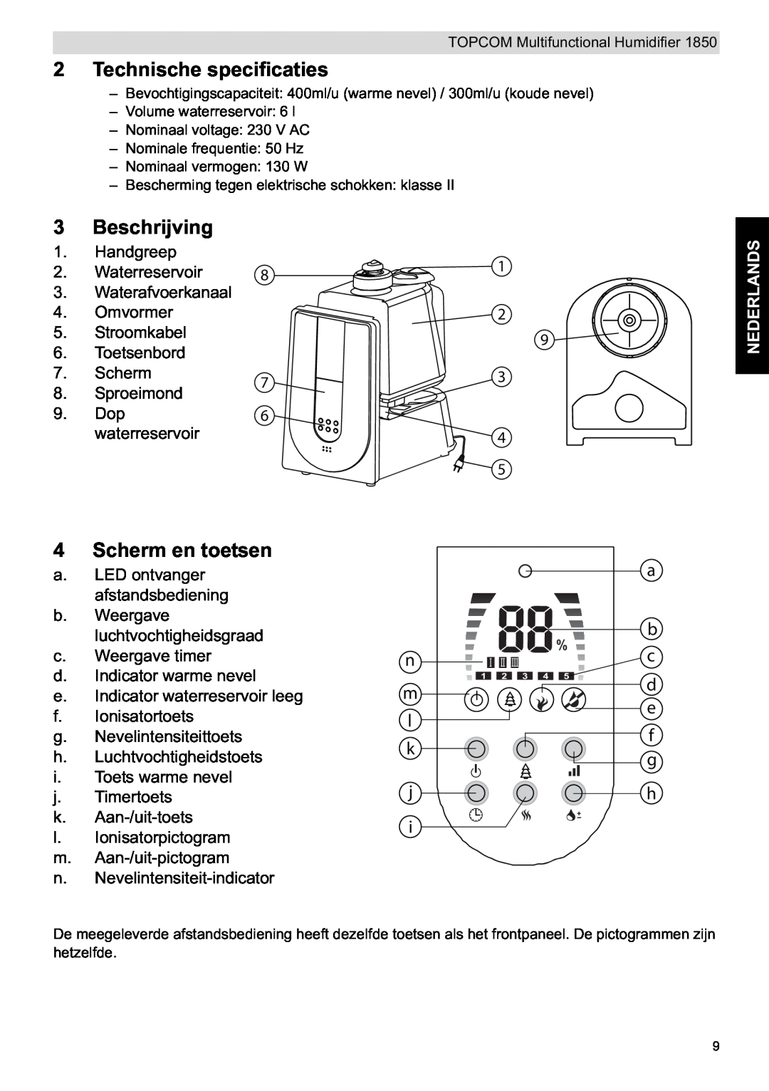 Topcom 1850 manual do utilizador Technische specificaties, Beschrijving, Scherm en toetsen, Nederlands 