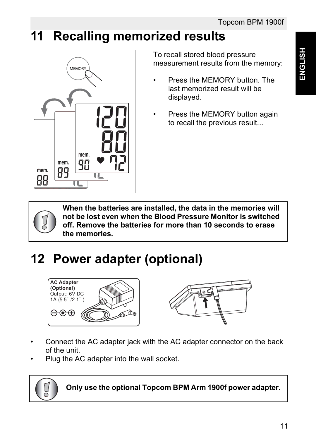 Topcom 1900f manual Recalling memorized results, Power adapter optional 