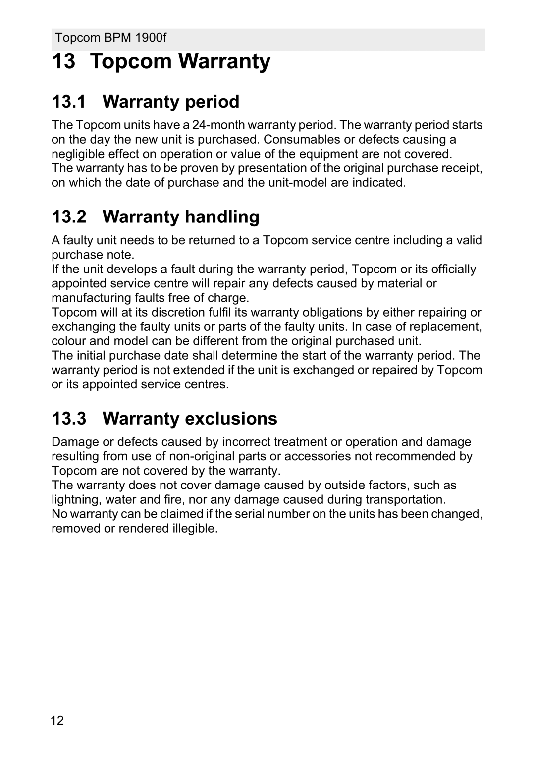 Topcom 1900f manual Topcom Warranty, Warranty period, Warranty handling, Warranty exclusions 