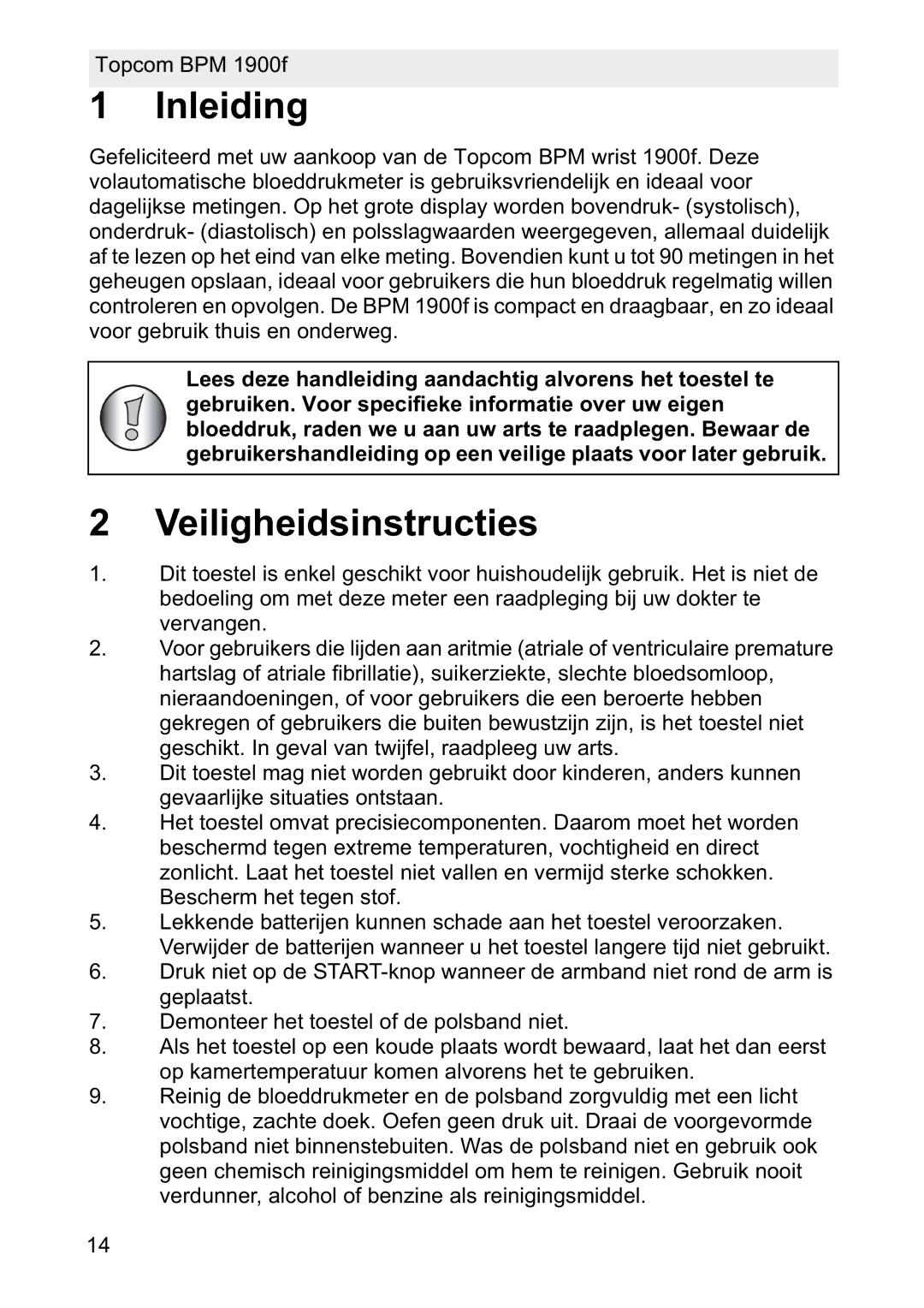 Topcom 1900f manual Inleiding, Veiligheidsinstructies 