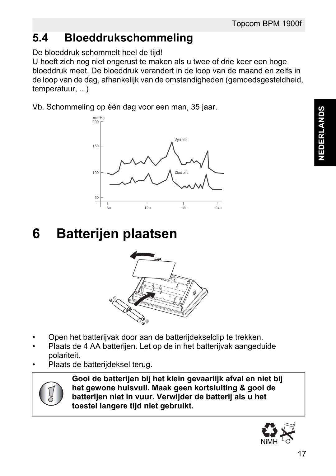 Topcom 1900f manual Batterijen plaatsen, Bloeddrukschommeling 