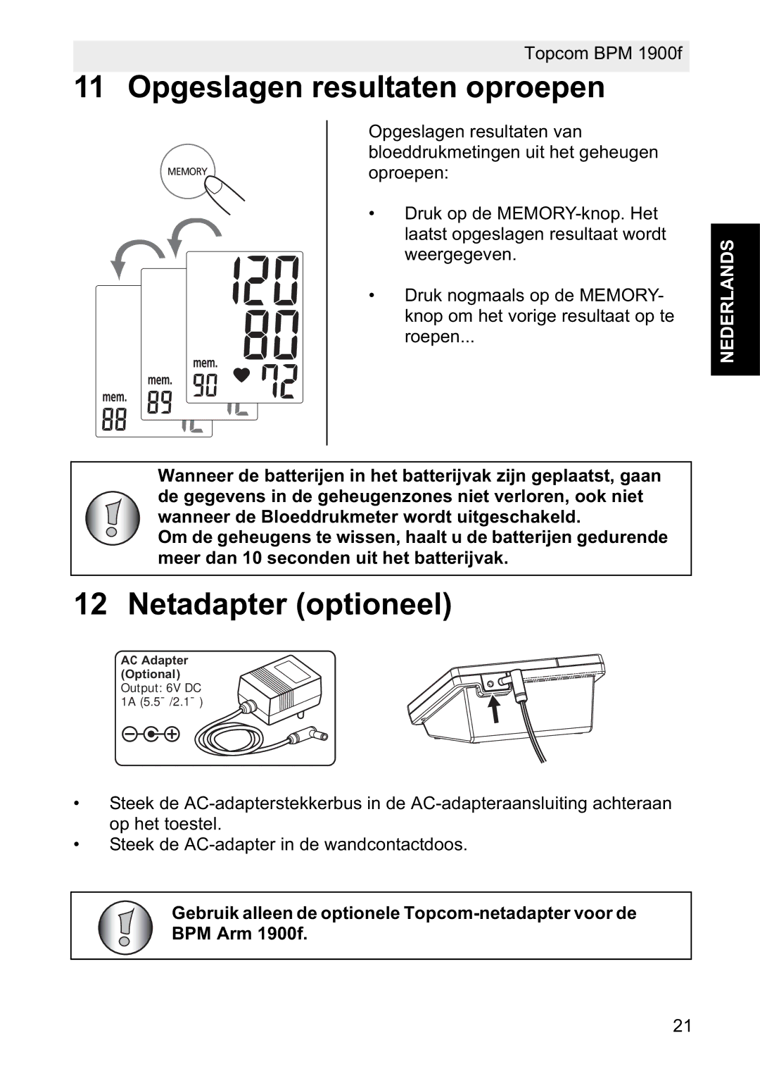 Topcom 1900f manual Opgeslagen resultaten oproepen, Netadapter optioneel 