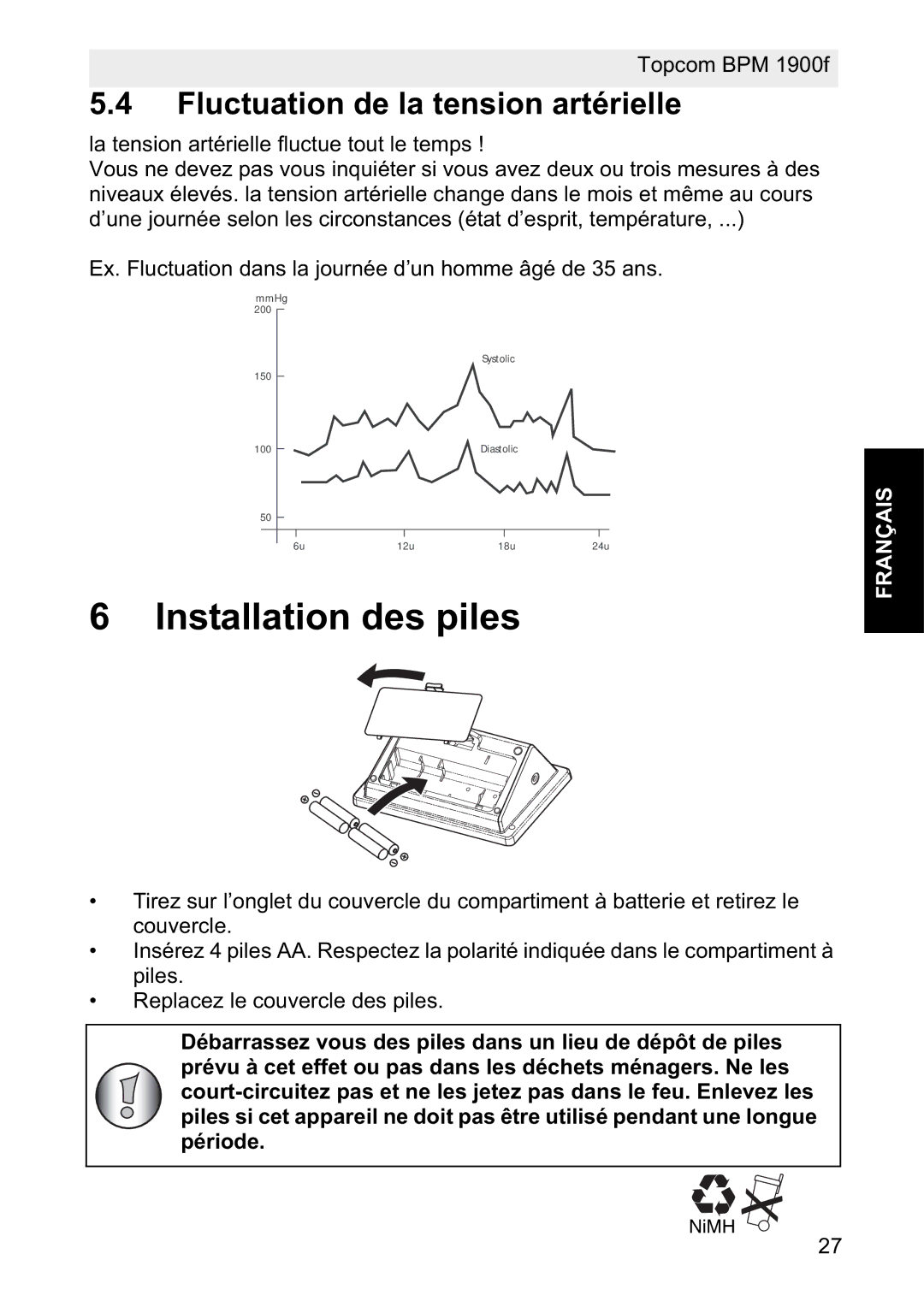 Topcom 1900f manual Installation des piles, Fluctuation de la tension artérielle 