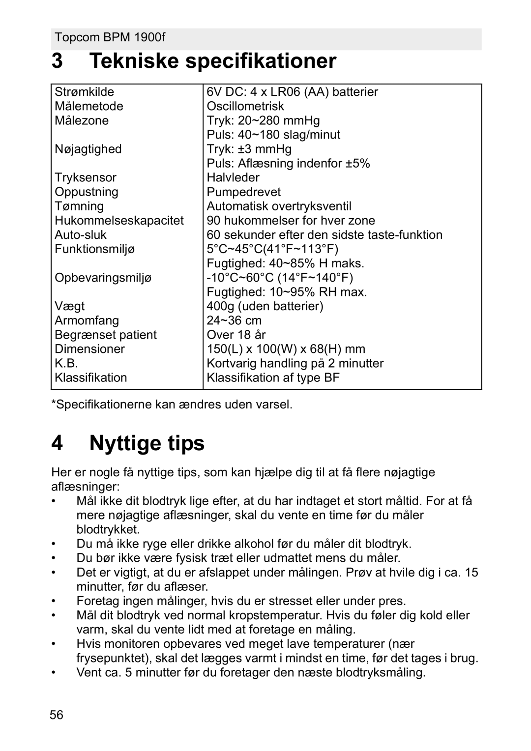 Topcom 1900f manual Tekniske specifikationer, Nyttige tips 