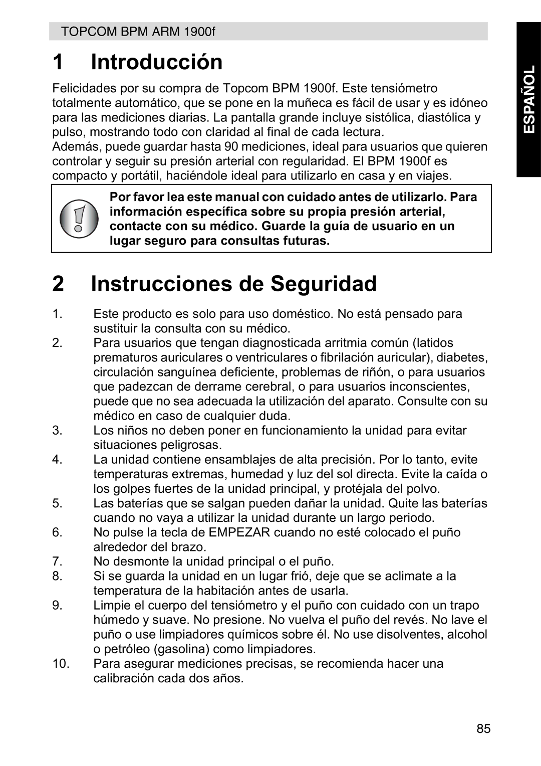 Topcom 1900f manual Introducción, Instrucciones de Seguridad 