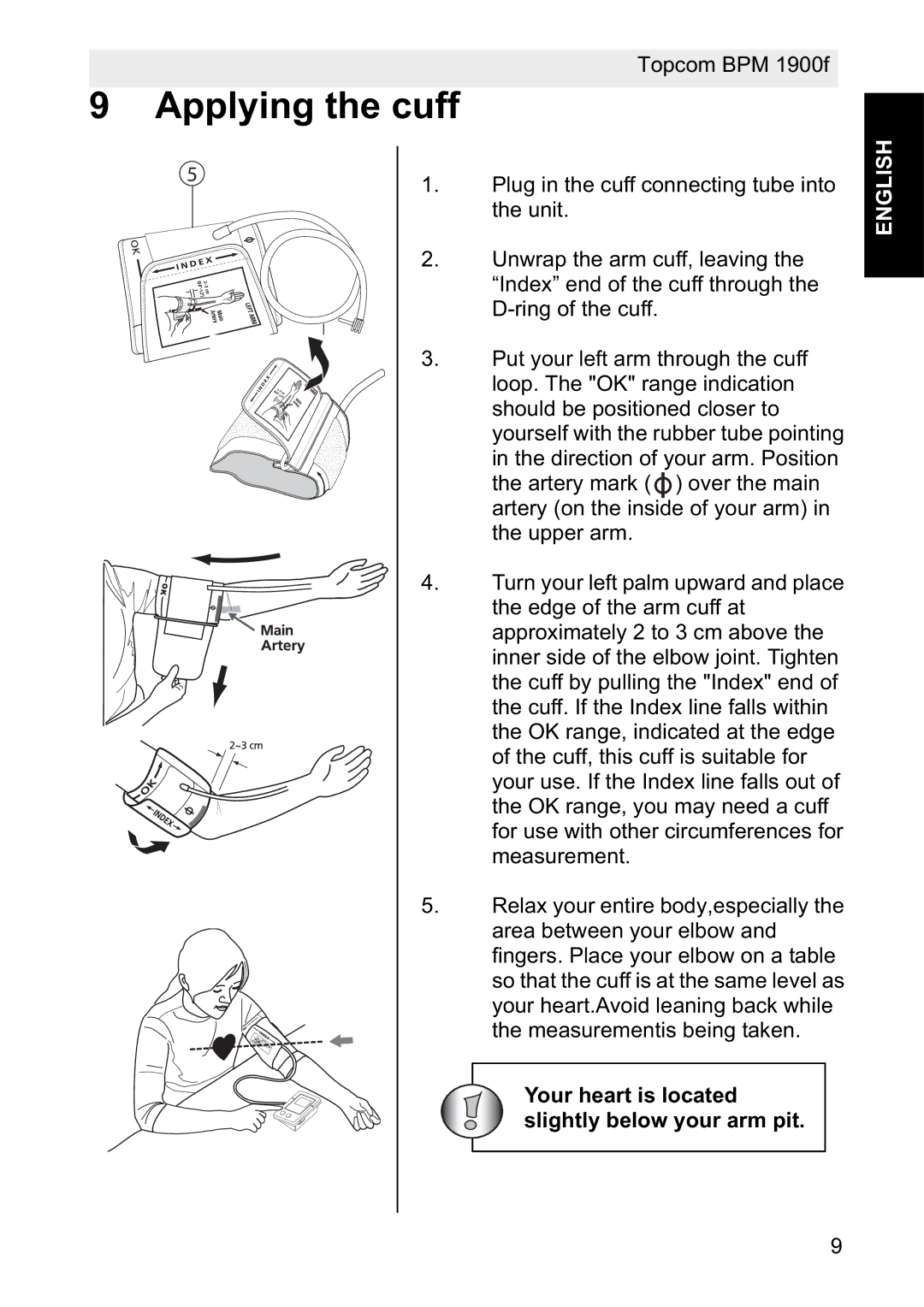 Topcom 1900f manual Applying the cuff 