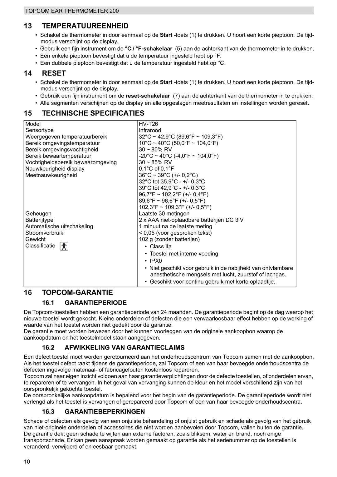 Topcom 200 manual do utilizador Temperatuureenheid, Technische Specificaties, Topcom-Garantie 