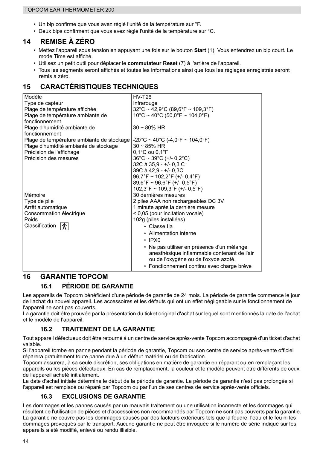 Topcom 200 manual do utilizador Remise À Zéro, Caractéristiques Techniques, Garantie Topcom 