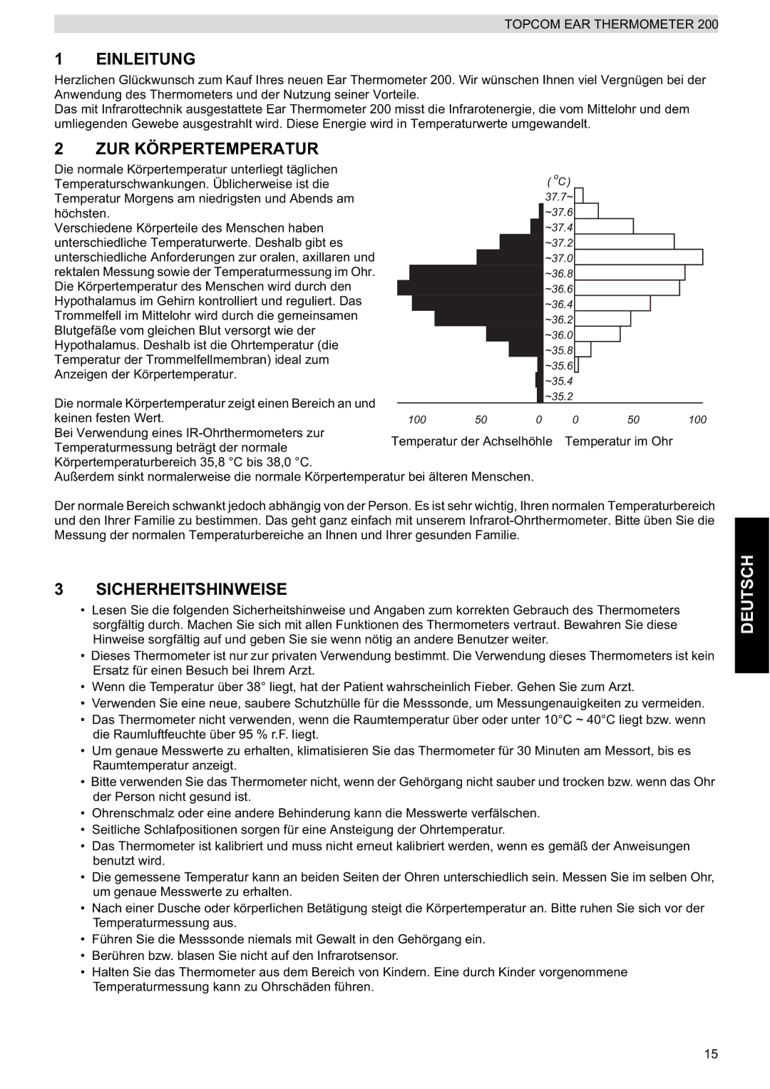 Topcom 200 manual do utilizador Einleitung, ZUR Körpertemperatur, Sicherheitshinweise, Deutsch 