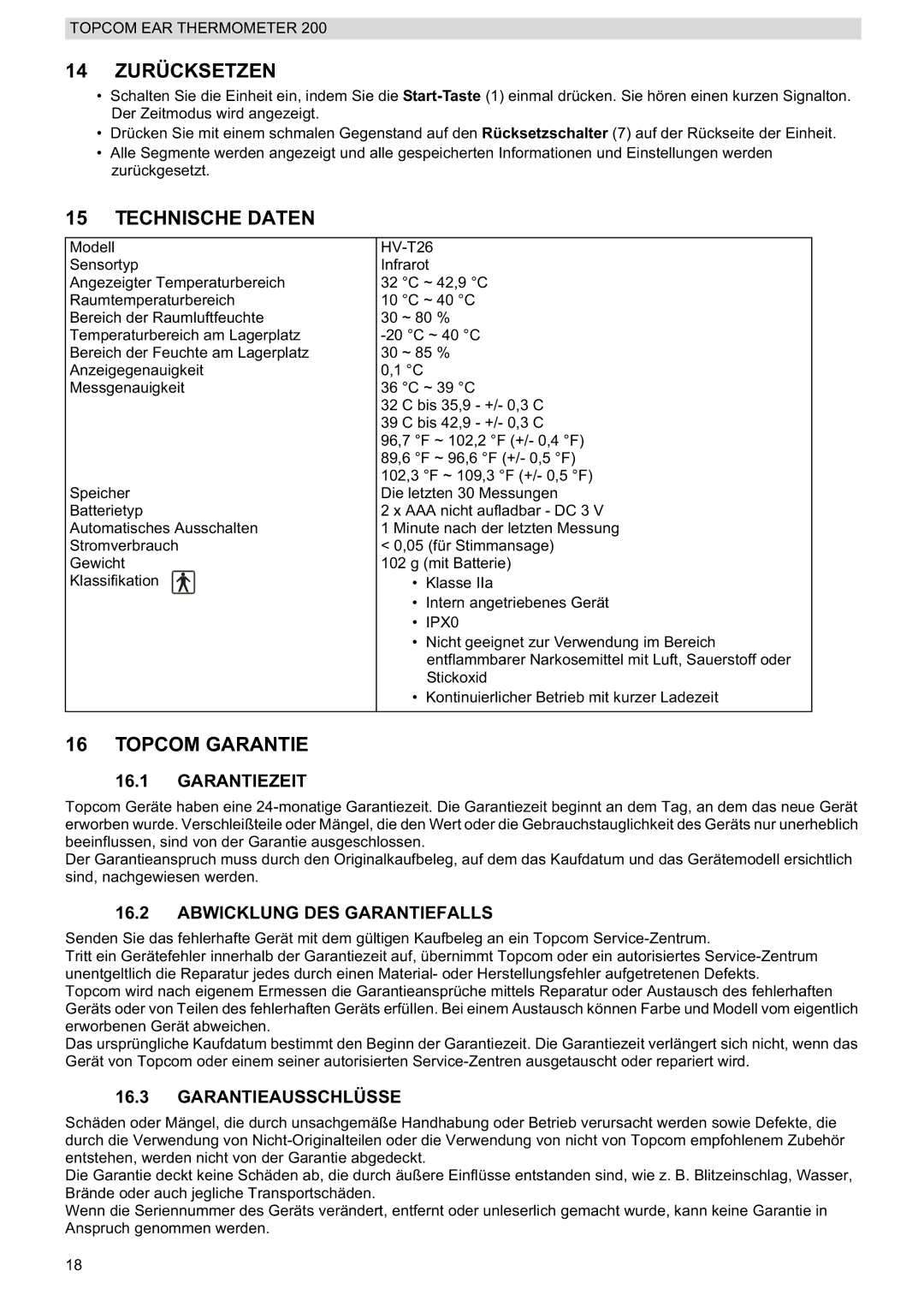 Topcom 200 manual do utilizador 14 Zurücksetzen, Technische Daten, Topcom Garantie 