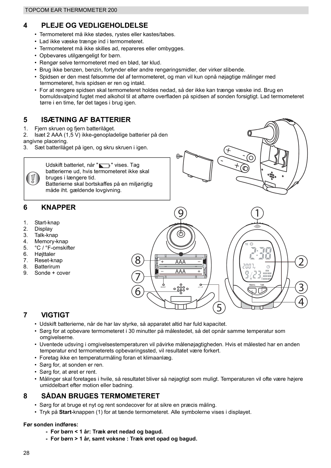 Topcom 200 Pleje OG Vedligeholdelse, Isætning AF Batterier, Knapper, Vigtigt, Sådan Bruges Termometeret 