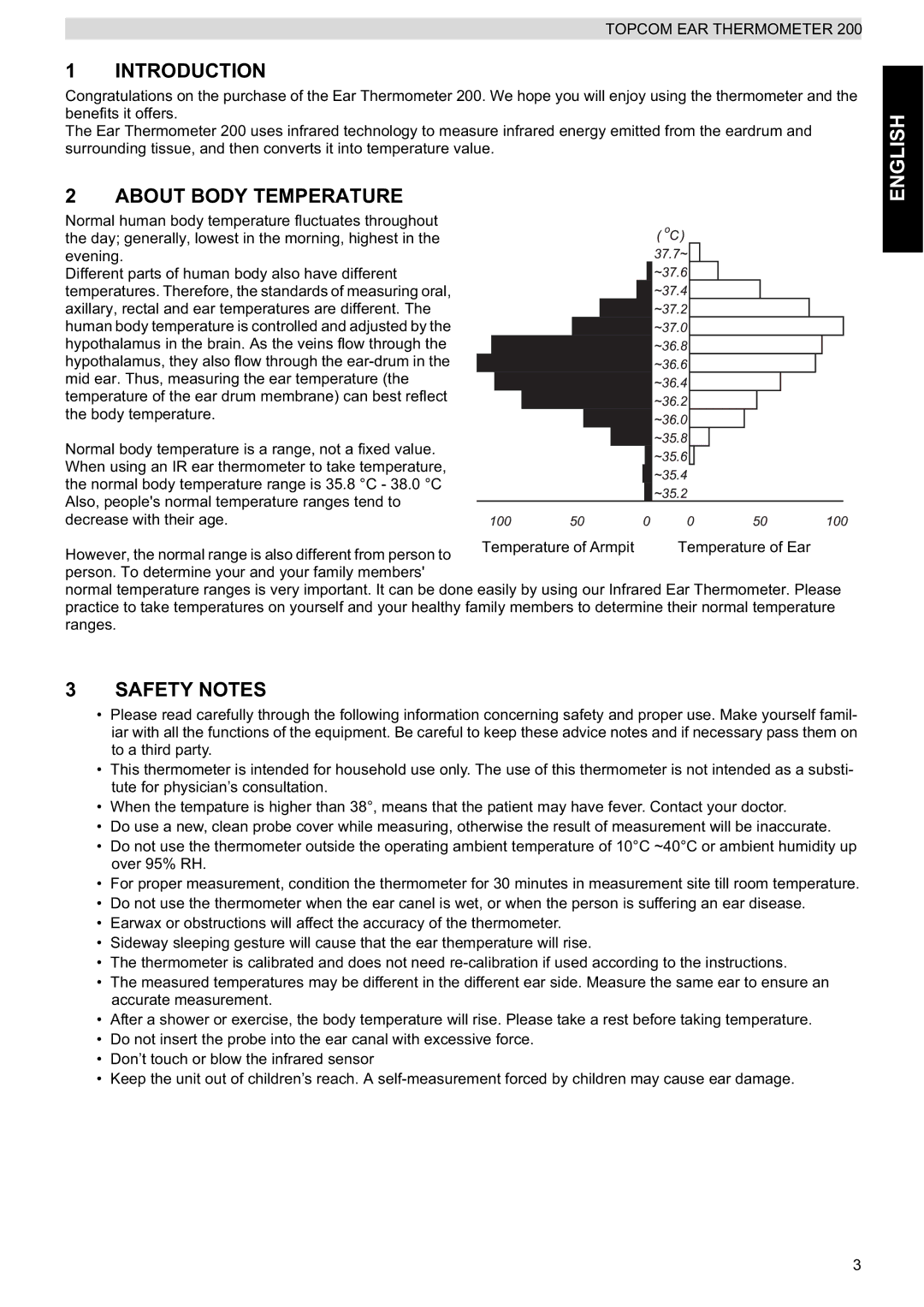Topcom 200 manual do utilizador Introduction, About Body Temperature, Safety Notes, English 