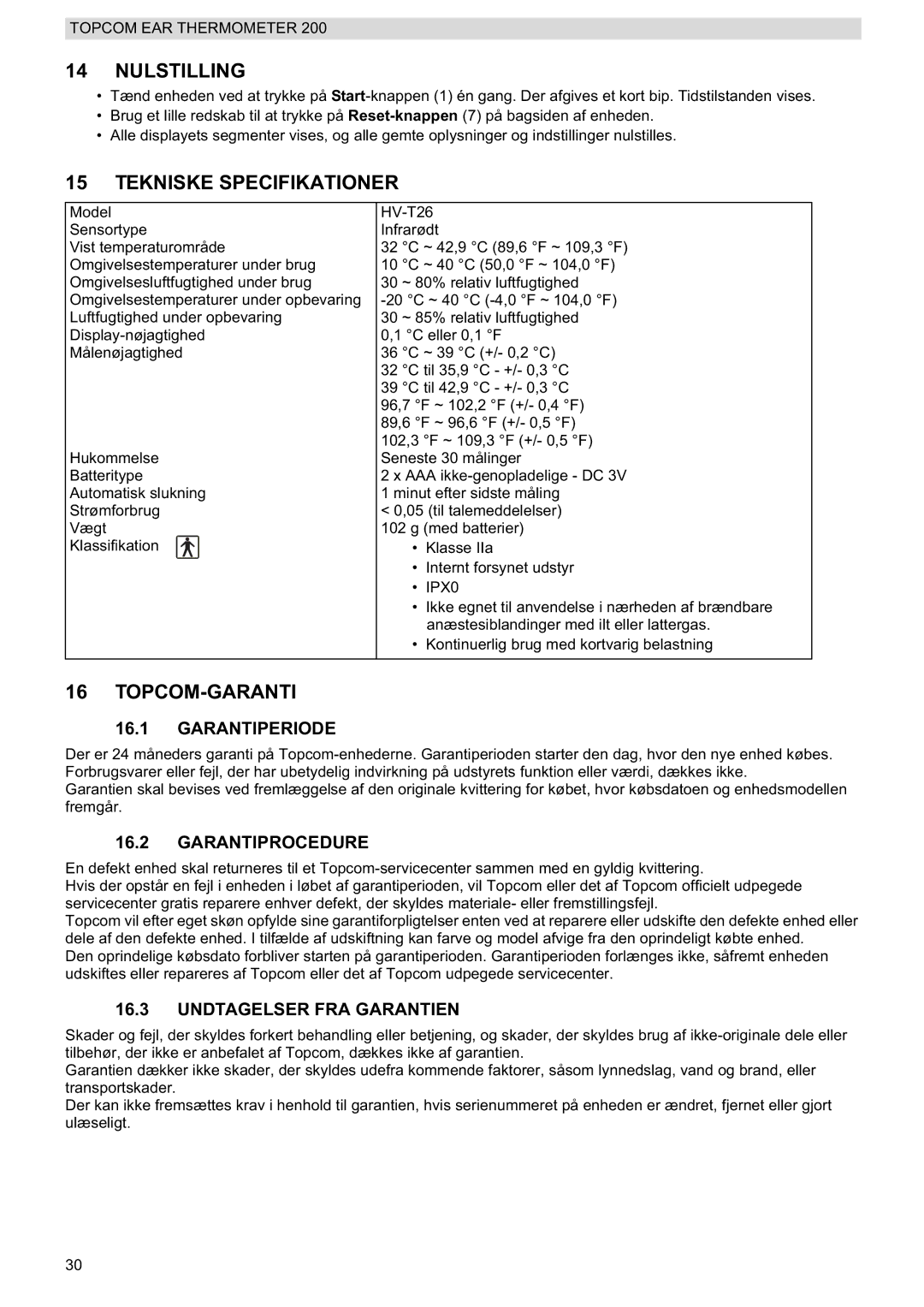 Topcom 200 manual do utilizador Nulstilling, Tekniske Specifikationer, Topcom-Garanti 