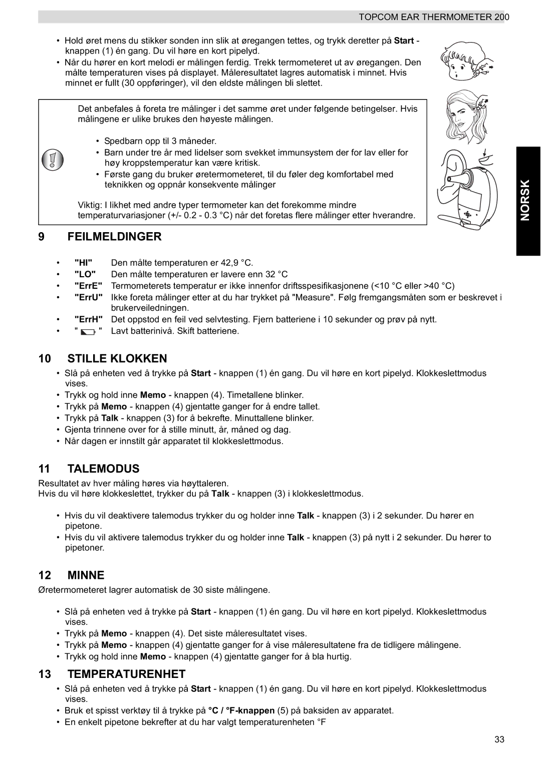 Topcom 200 manual do utilizador Feilmeldinger, Stille Klokken, Talemodus 