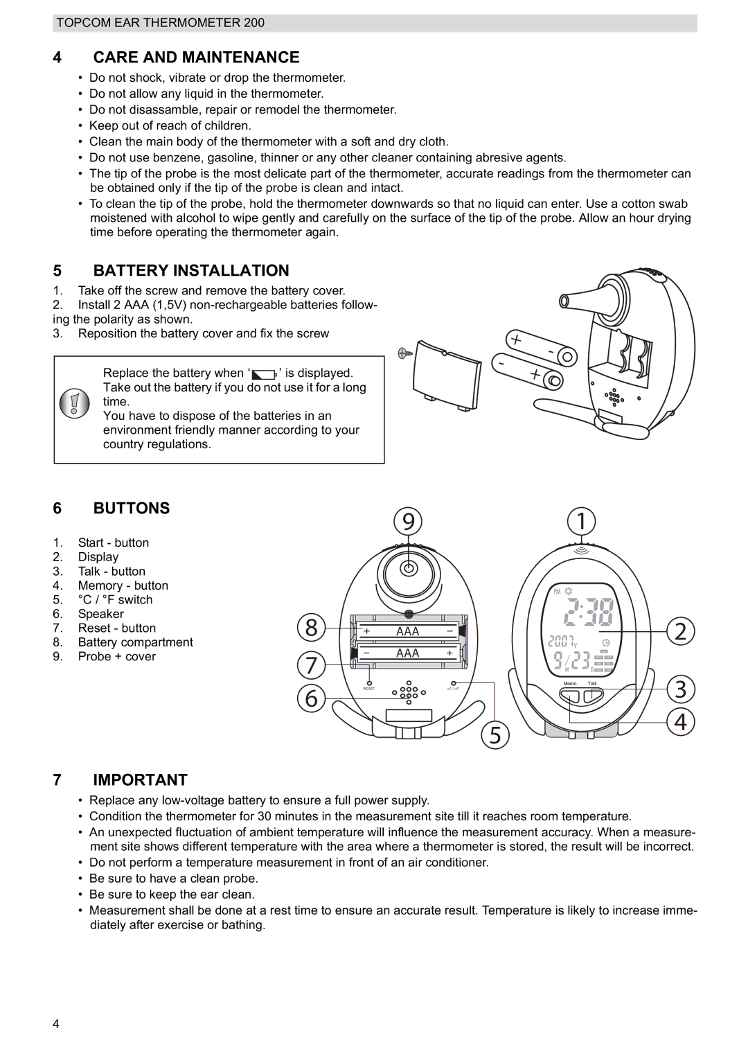 Topcom 200 manual do utilizador Care and Maintenance, Battery Installation, Buttons 