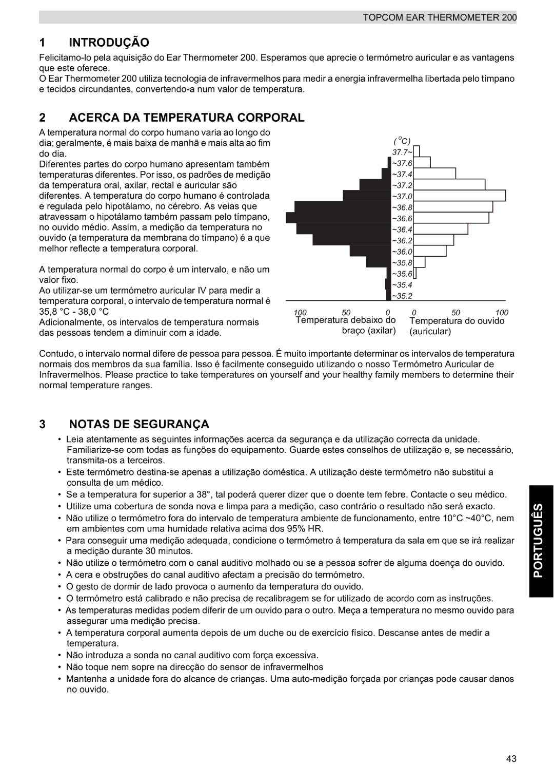 Topcom 200 manual do utilizador Introdução, Acerca DA Temperatura Corporal, Notas DE Segurança, Português 