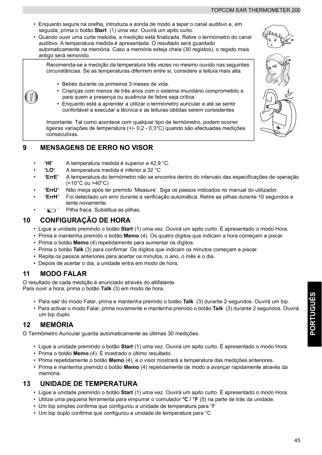 Topcom 200 Mensagens DE Erro no Visor, Configuração DE Hora, Modo Falar, 12 Memória, Unidade DE Temperatura 