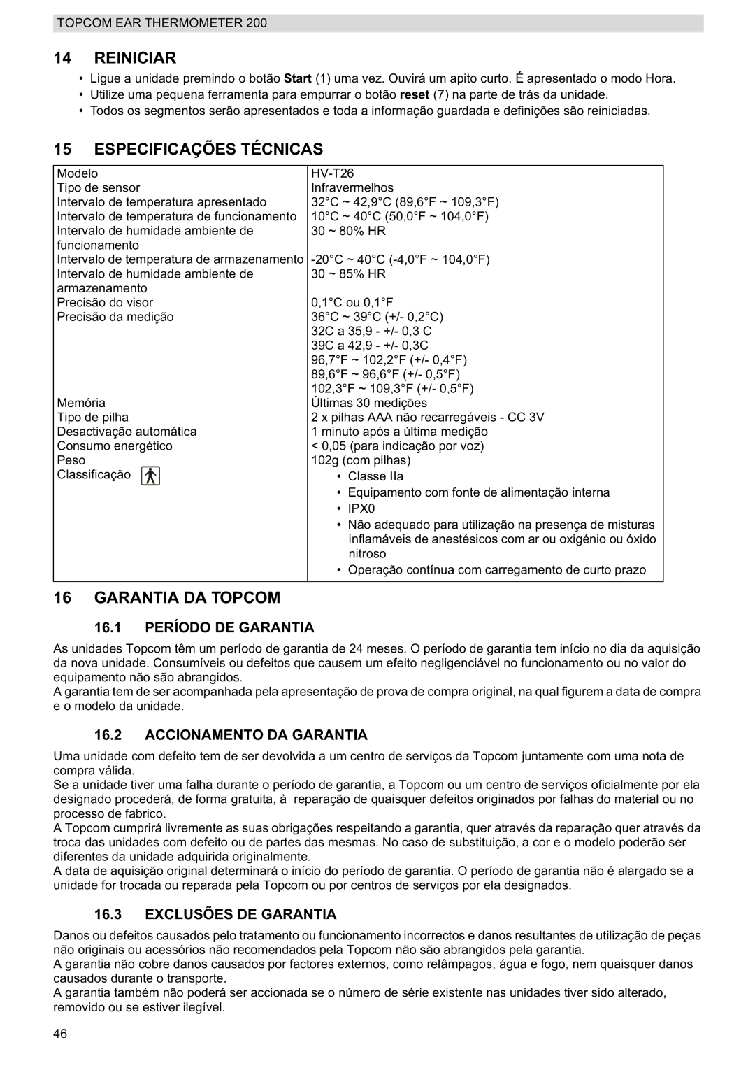 Topcom 200 manual do utilizador Reiniciar, Especificações Técnicas, Garantia DA Topcom 