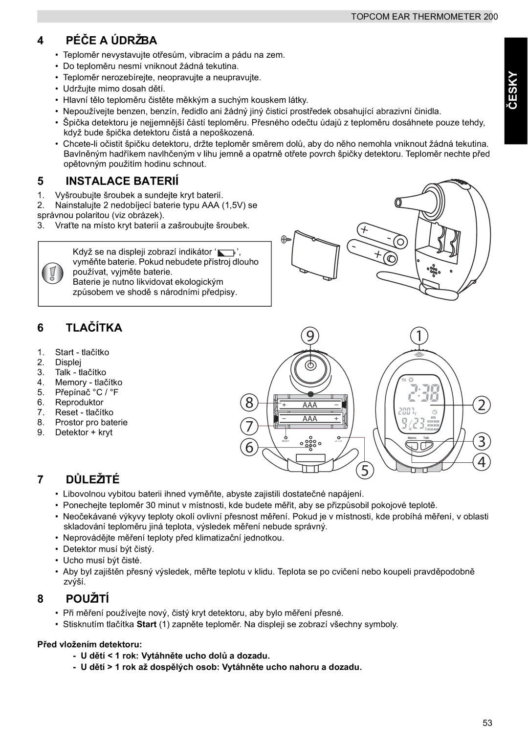 Topcom 200 manual do utilizador PÉýE a Údržba, Instalace Baterií, TLAýÍTKA, DģLEŽITÉ, Použití 