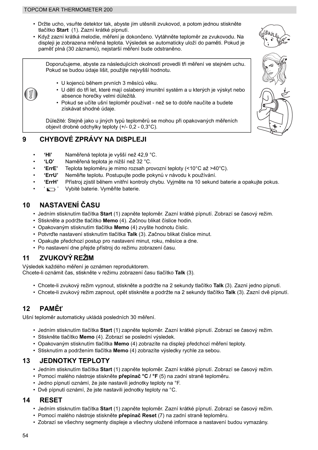 Topcom 200 manual do utilizador Chybové Zprávy NA Displeji, Nastavení ýASU, Zvukový Režim, 12 PAMċĢ, Jednotky Teploty 