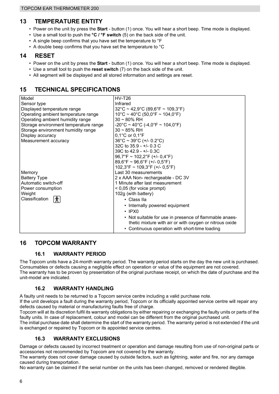 Topcom 200 manual do utilizador Temperature Entity, Reset, Technical Specifications, Topcom Warranty 