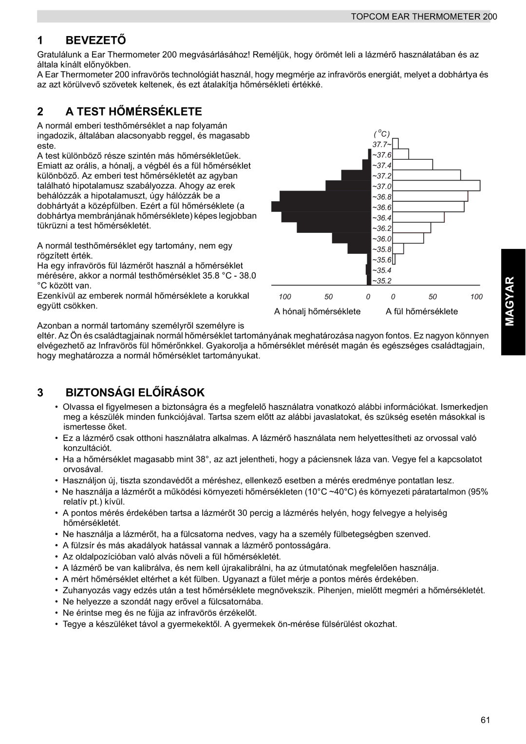 Topcom 200 manual do utilizador BEVEZETė, Test HėMÉRSÉKLETE, Magyar, Biztonsági ELėÍRÁSOK 