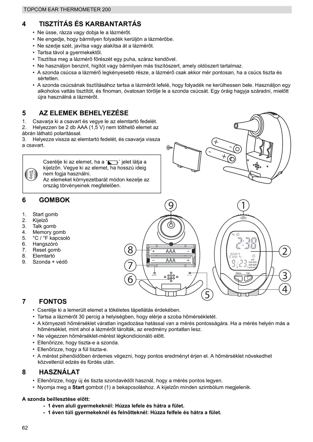 Topcom 200 manual do utilizador Tisztítás ÉS Karbantartás, AZ Elemek Behelyezése, Gombok, Fontos, Használat 