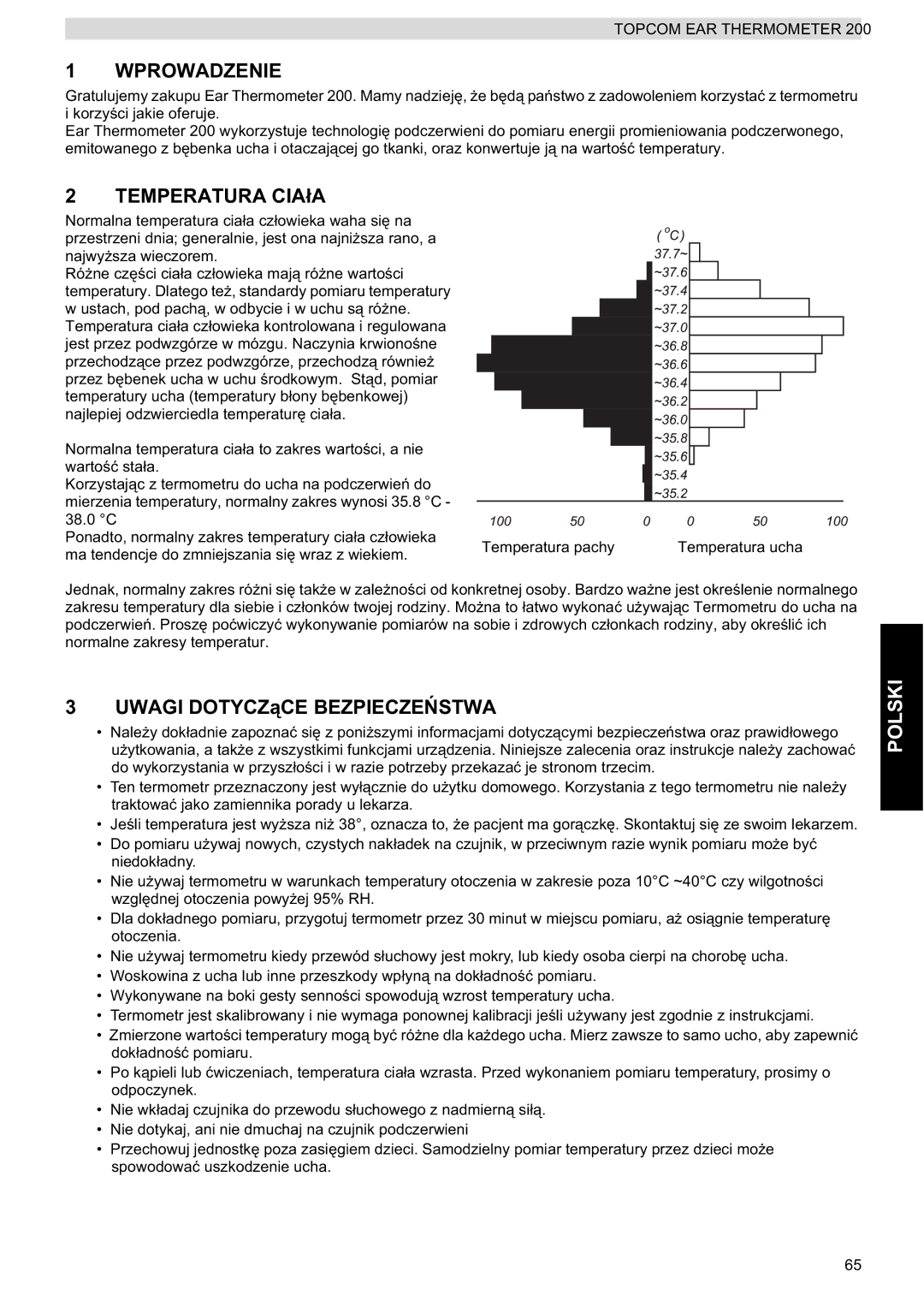 Topcom 200 manual do utilizador Wprowadzenie, Temperatura CIAáA, Uwagi DOTYCZąCE BEZPIECZEēSTWA, Polski 