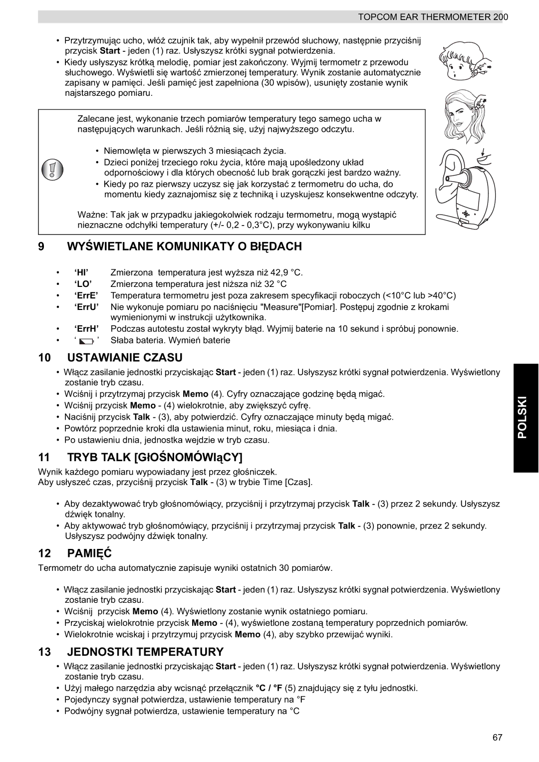 Topcom 200 WYĝWIETLANE Komunikaty O BáĉDACH, Ustawianie Czasu, Tryb Talk GáOĝNOMÓWIąCY, PAMIĉû, Jednostki Temperatury 