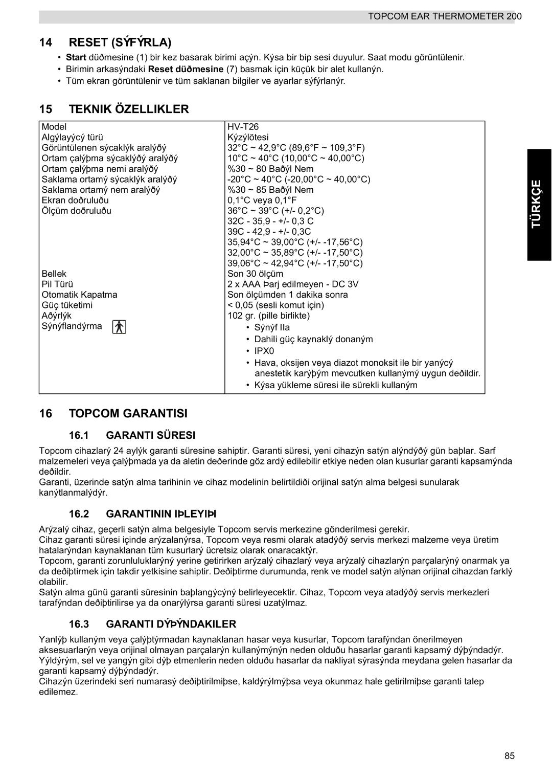 Topcom 200 manual do utilizador Reset Sýfýrla, Teknik Özellikler, Topcom Garantisi 