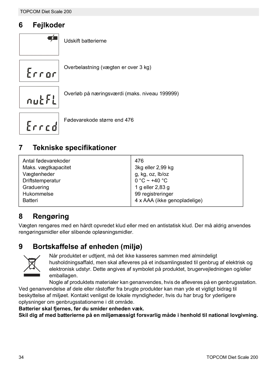 Topcom 200 manual do utilizador Fejlkoder, Tekniske specifikationer, Rengøring, Bortskaffelse af enheden miljø 