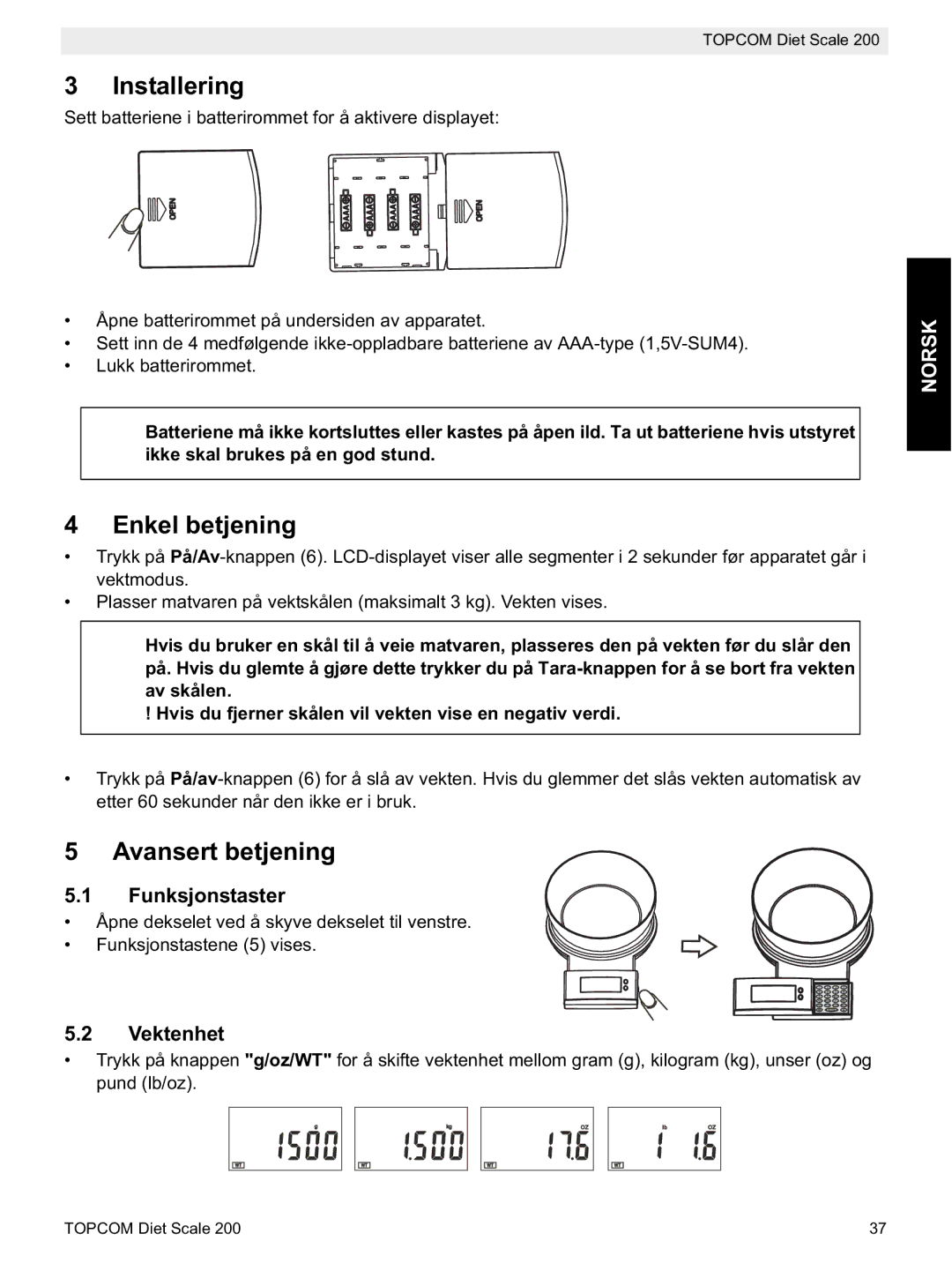 Topcom 200 manual do utilizador Installering, Enkel betjening, Avansert betjening, Norsk 