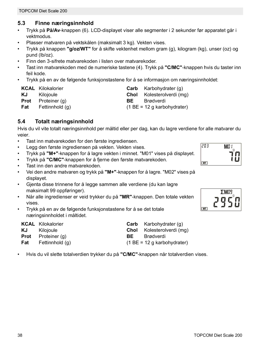 Topcom 200 manual do utilizador Finne næringsinnhold, Totalt næringsinnhold 