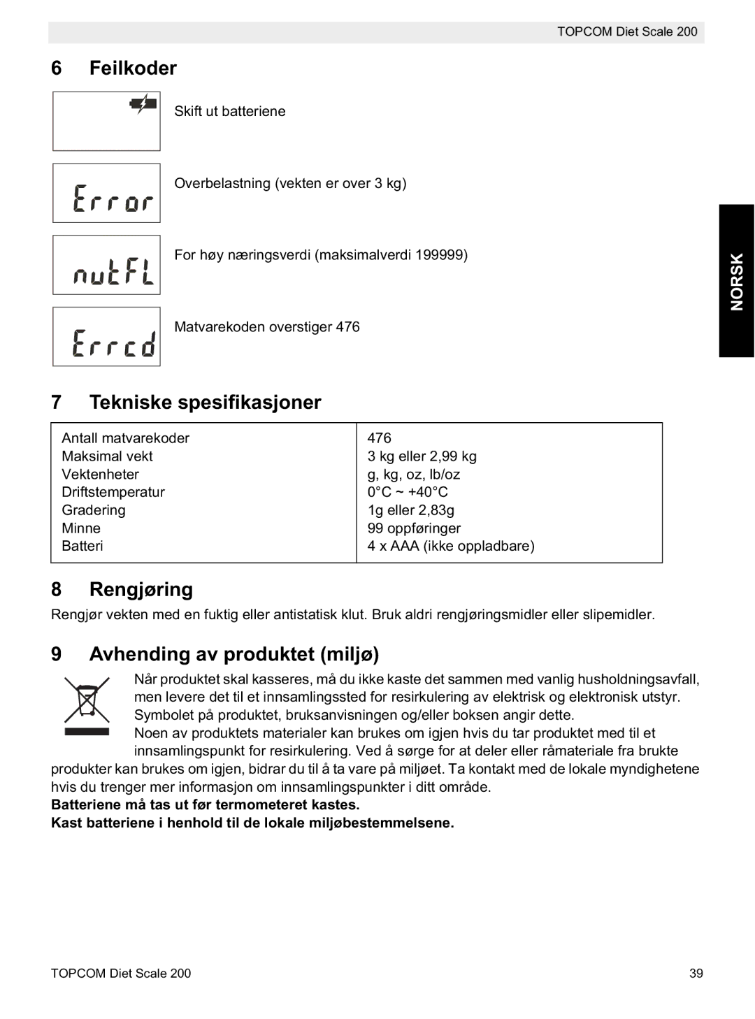 Topcom 200 manual do utilizador Feilkoder, Tekniske spesifikasjoner, Rengjøring, Avhending av produktet miljø 