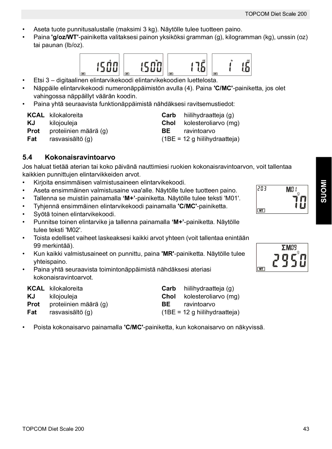 Topcom 200 manual do utilizador Kokonaisravintoarvo 