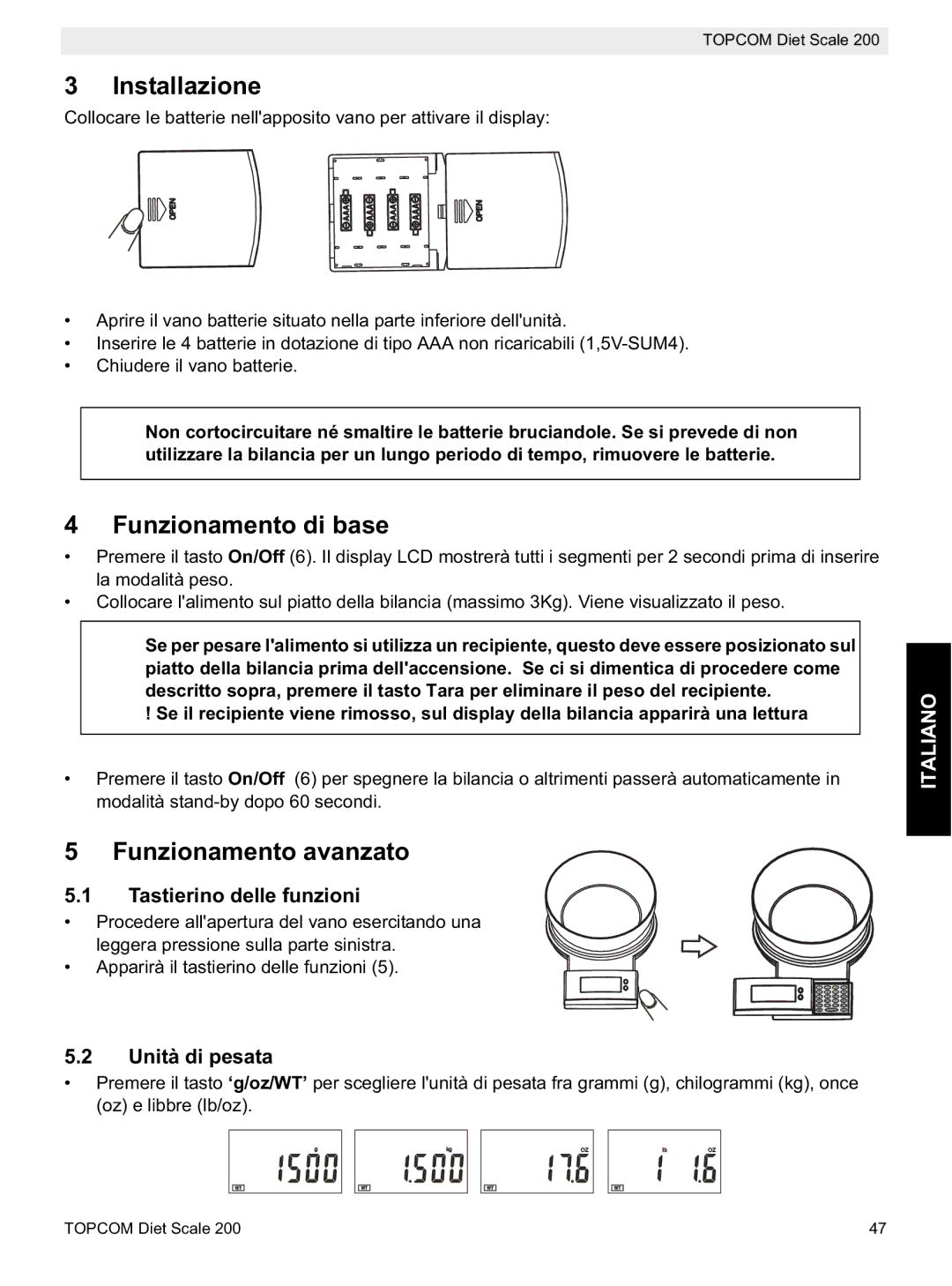 Topcom 200 manual do utilizador Installazione, Funzionamento di base, Funzionamento avanzato, Italiano 