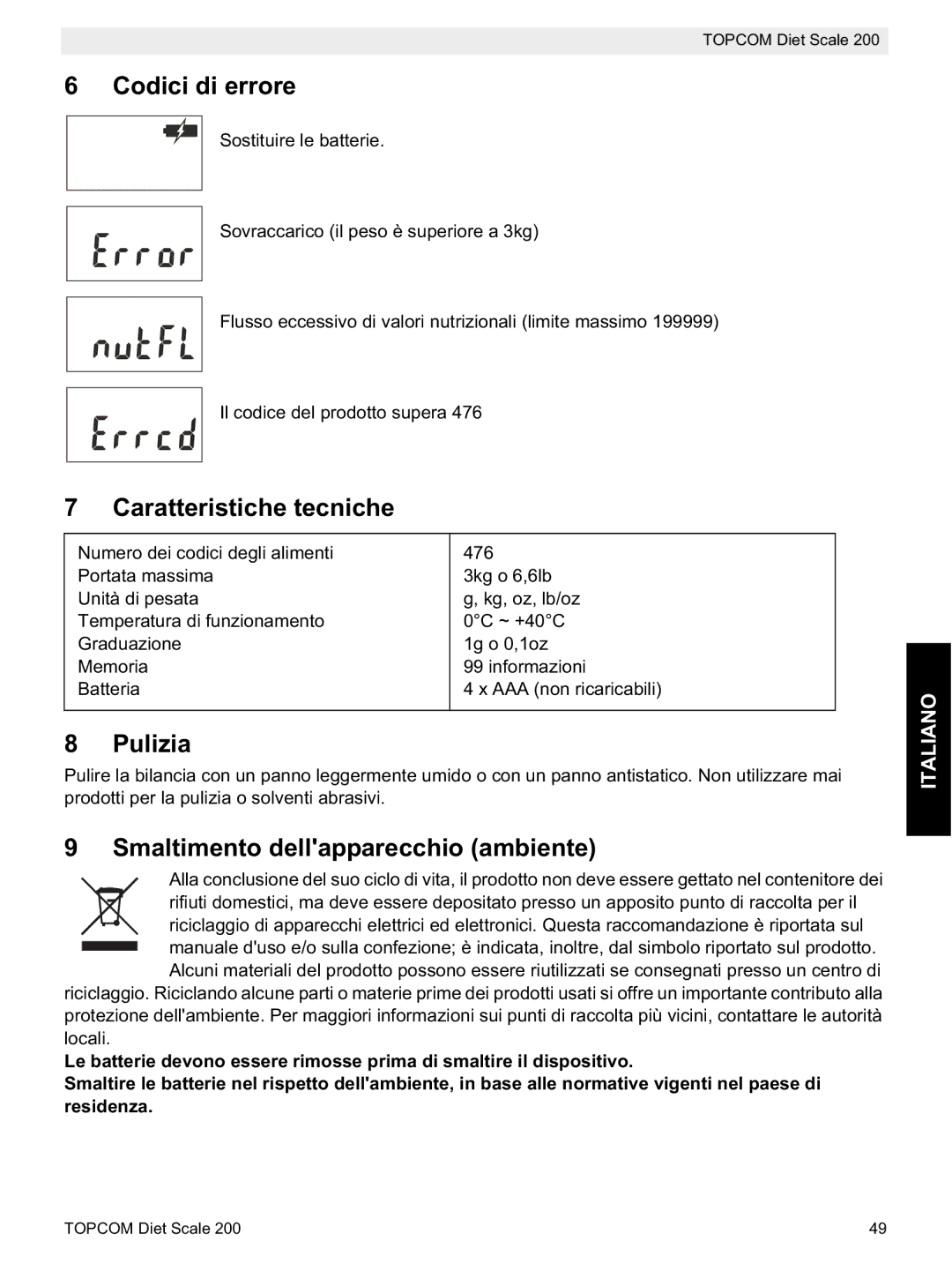 Topcom 200 manual do utilizador Codici di errore, Caratteristiche tecniche, Pulizia, Smaltimento dellapparecchio ambiente 